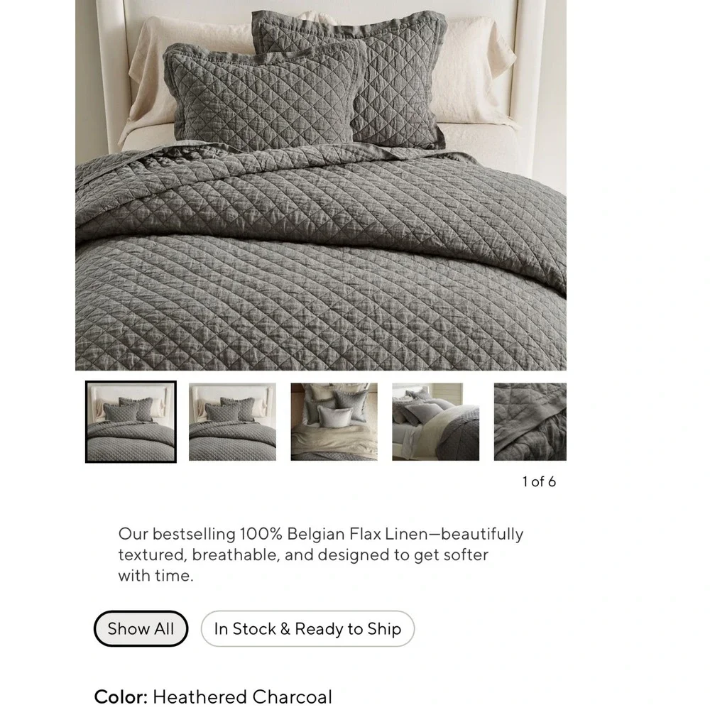 Pottery Barn Belgian Flax Linen Diamond Quilt King Cal King Charcoal Gray